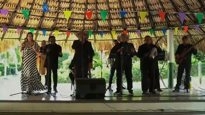 Banda completa presentándose en vivo sobre una tarima